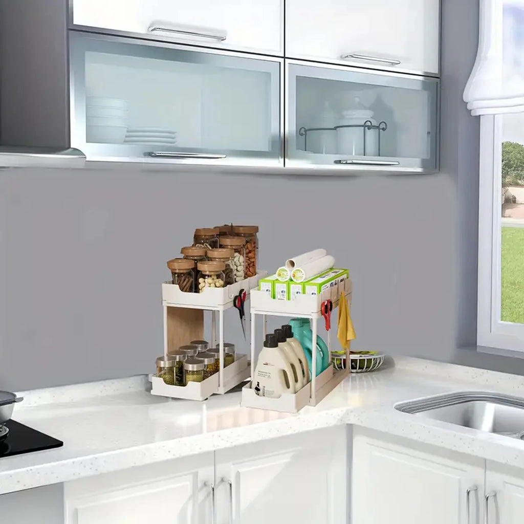 Double-Layer Pull-Out Kitchen Storage Rack, Non-Slip and Stable, Multifunctional Storage Box with Five Hooks, Under-Sink Brush Double-Layer Drawer Storage Rack, Suitable for Kitchen and Bathroom Countertop Sink Storage
