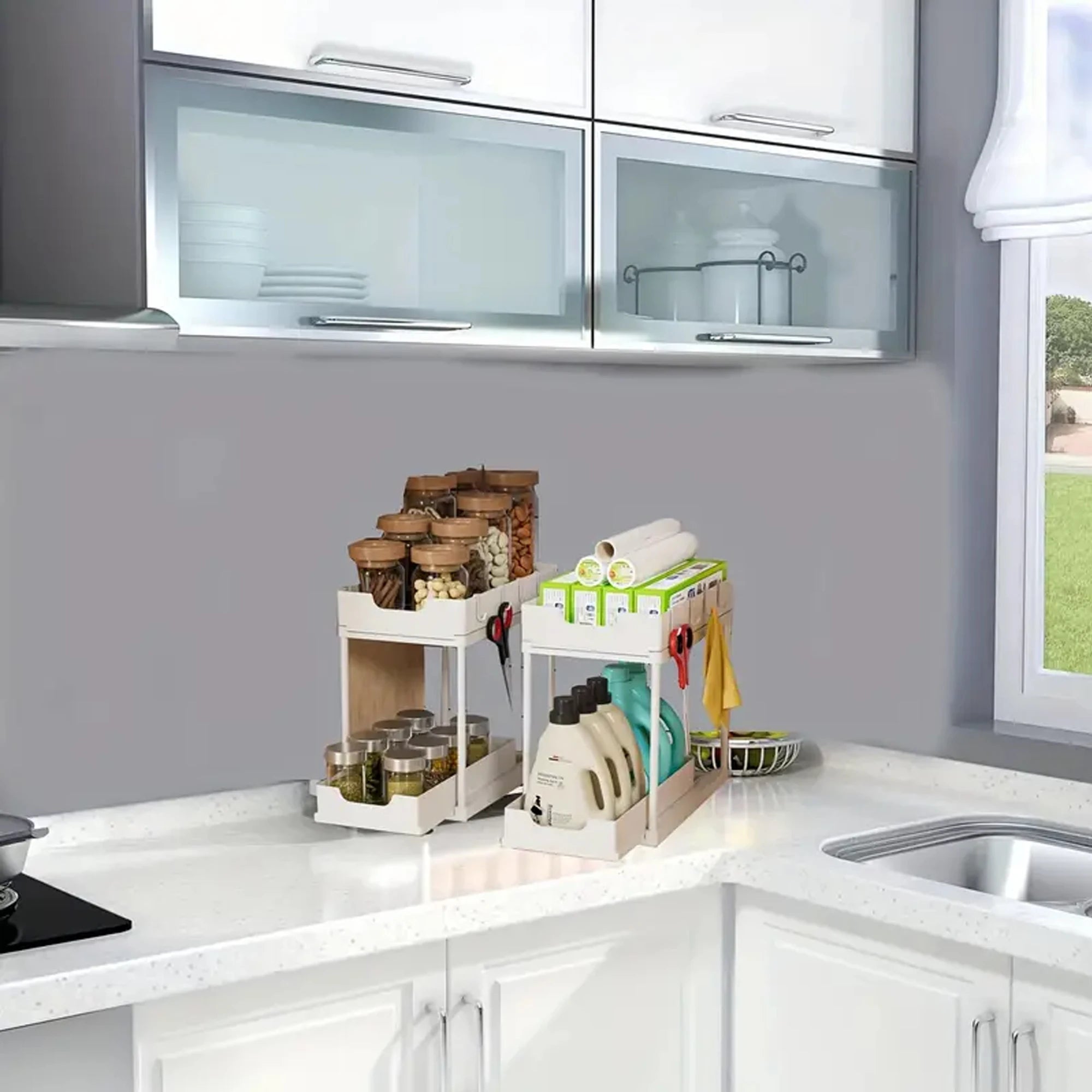 Double-Layer Pull-Out Kitchen Storage Rack, Non-Slip and Stable, Multifunctional Storage Box with Five Hooks, Under-Sink Brush Double-Layer Drawer Storage Rack, Suitable for Kitchen and Bathroom Countertop Sink Storage