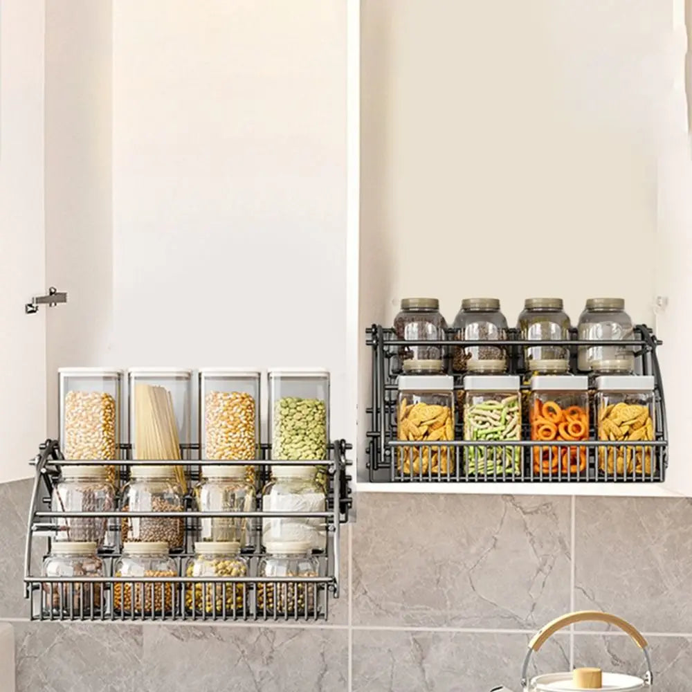 Carbon Steel 3-Tier Pull Down Spice Rack Large Capacity Space Saving Retractable Spice Rack Rust-proof Strong Load-bearing