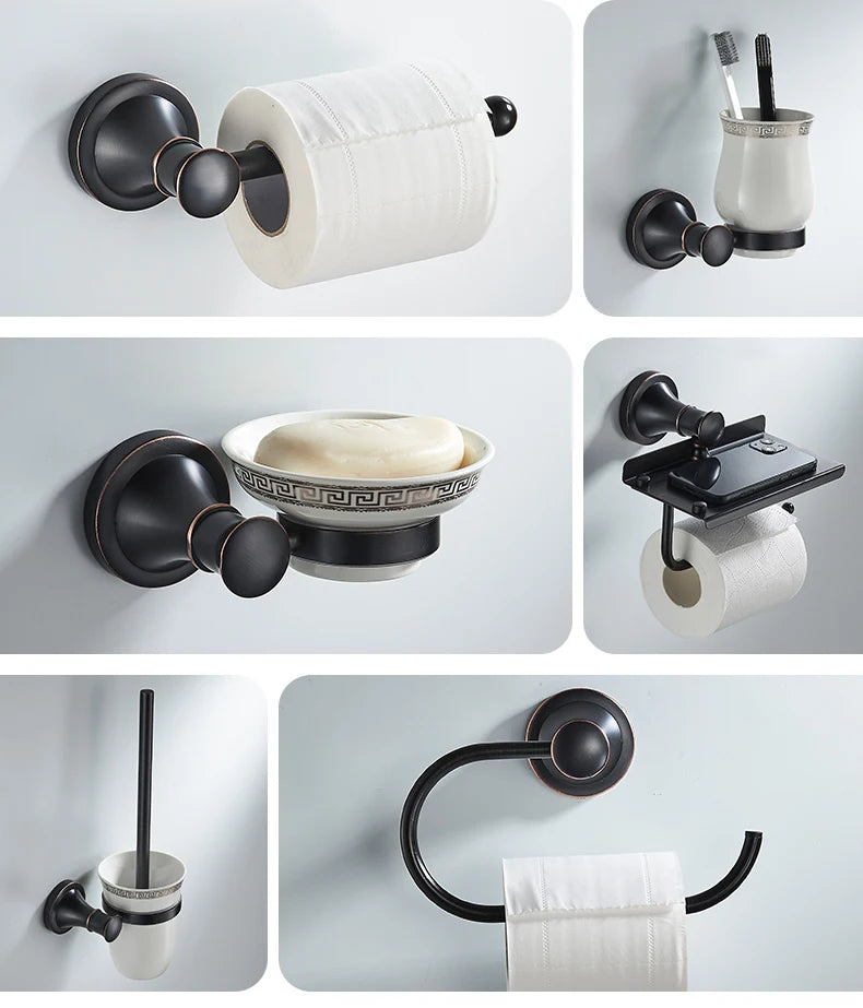 Bathroom Bath Toilet Paper Holder Robe Hook Bathroom Retractable Towel Hanging Rod Black Zinc Alloy EL852