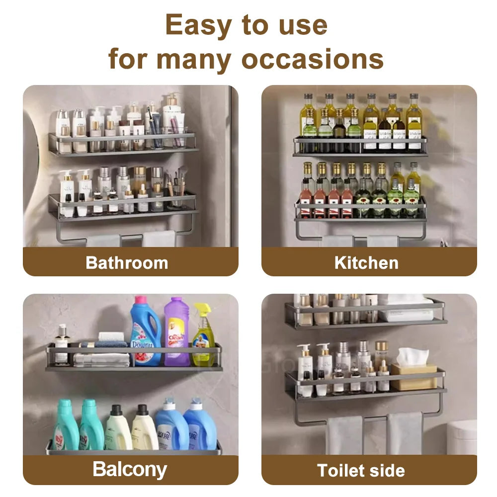 1/2Pcs No Punch Spice Rack Wall Mounted Kitchen Spice Organizer with Hook Rod Seasoning Rack Spice Shelf Bathroom Kitchen Shelf