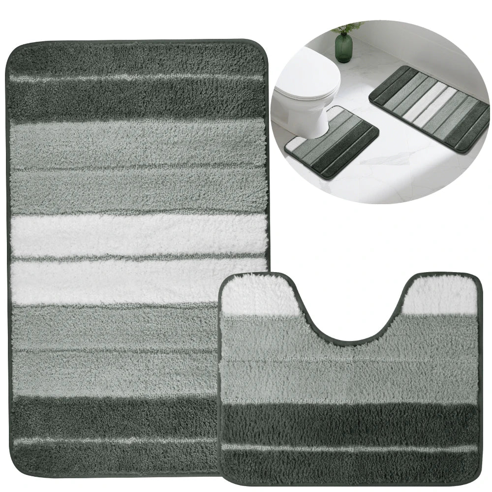 Bathroom Rug Set 2 Piece Plush Shaggy Soft Absorbent Microfiber Bath Mats and U-Shaped Contour Toilet Rug Non-Slip Machine Wash