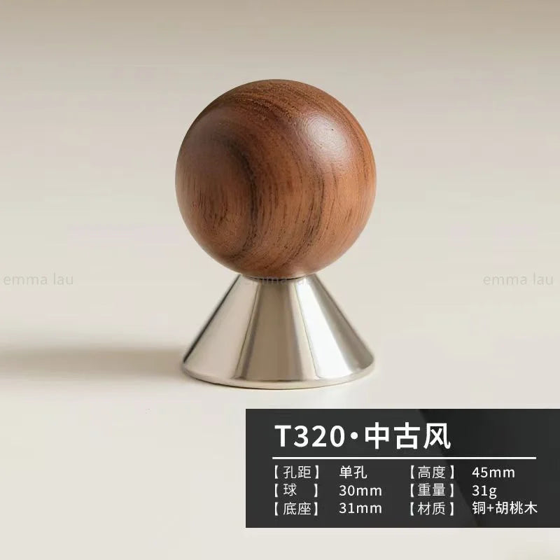 Modern Walnut Wood Brass Cabinet Door Handle Silver Wardrobe Cupboard Furniture Pulls Single Hole Drawer Knobs Cabinet Handles