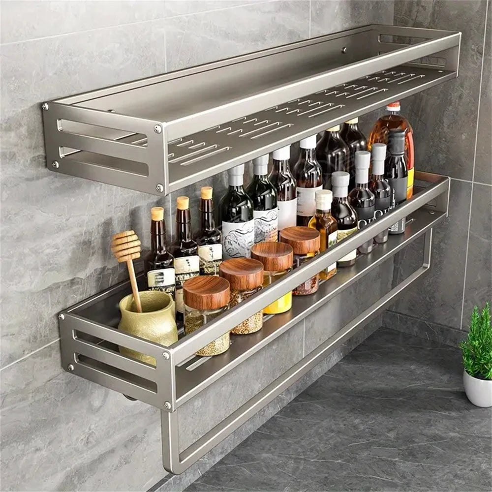 Aluminum Wall-Mounted Spice Rack Multifunctional Item Storage Shelf Kitchen Tools Storage Hooks Space Management Solution