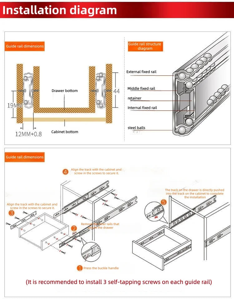 Heavy duty cold-rolled steel drawer slide rail -3-section soft closing damping rail, silent cabinet slide rail