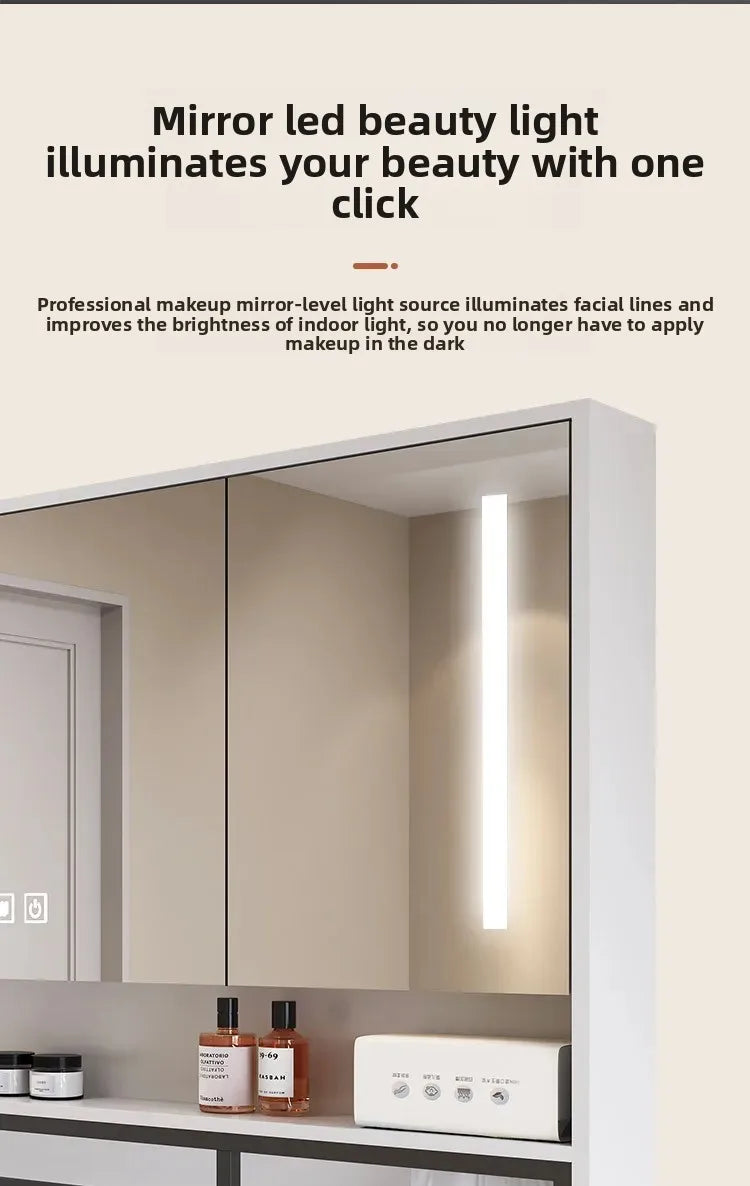 Bathroom Mirror Cabinet Wall Mounted LED Waterproof Aluminum Medicine Cabinet with Storage Shelf Towel Rod for Home Bathroom