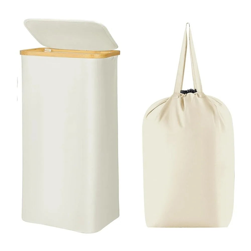 Collapsible Slim Laundry Hamper with Lid Bamboo Handles Removable Inner Bag Clothes Basket Bin Foldable Freestanding