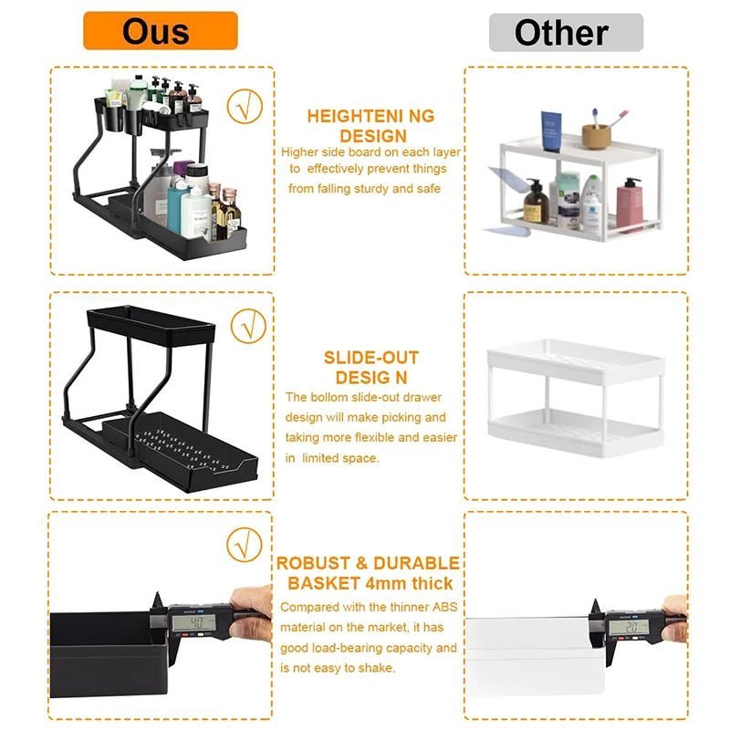 Under Sink Organizers 2 Tier Under Bathroom Cabinet Holder With Hooks & Hanging Cup, Multi-Purpose Storage Shelf For Kitchen