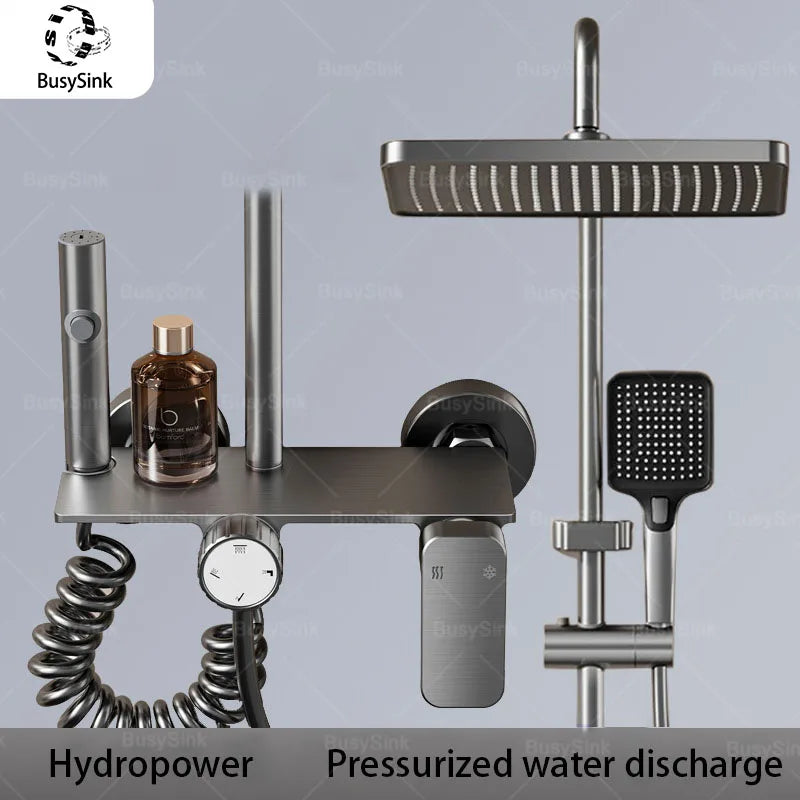 Bathroom Multifunction Shower System Set Household Rotary Knob Hot and Cold Water Pressurize Gunmetal Gray Aluminum Shower Set