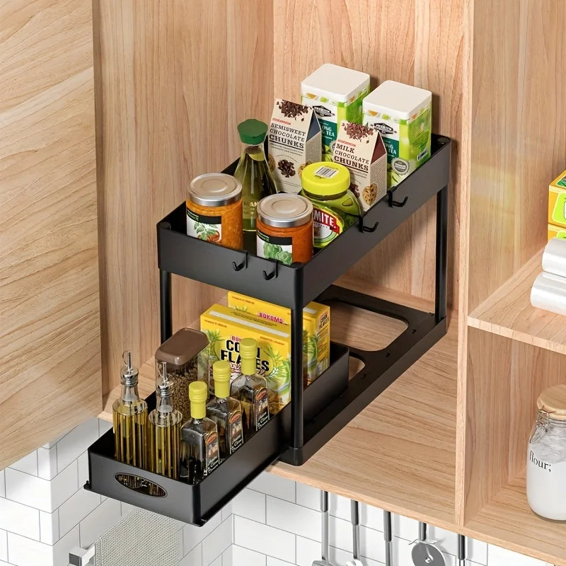 Under Sink Organizers and Storage Space-Saving Cleaning Supplies 2 Tier Sliding Under Shelf Organizer for Kitchen & Bathroom