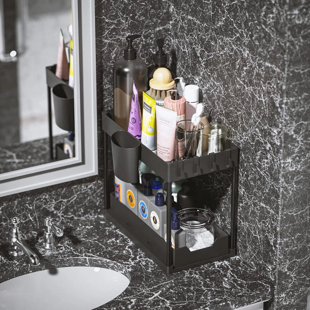 Under Sink Organizer and Storage, Kitchen Organization Rack with Double Sliding Cabinet Drawers, Multi-Purpose Storage Shelf Hol