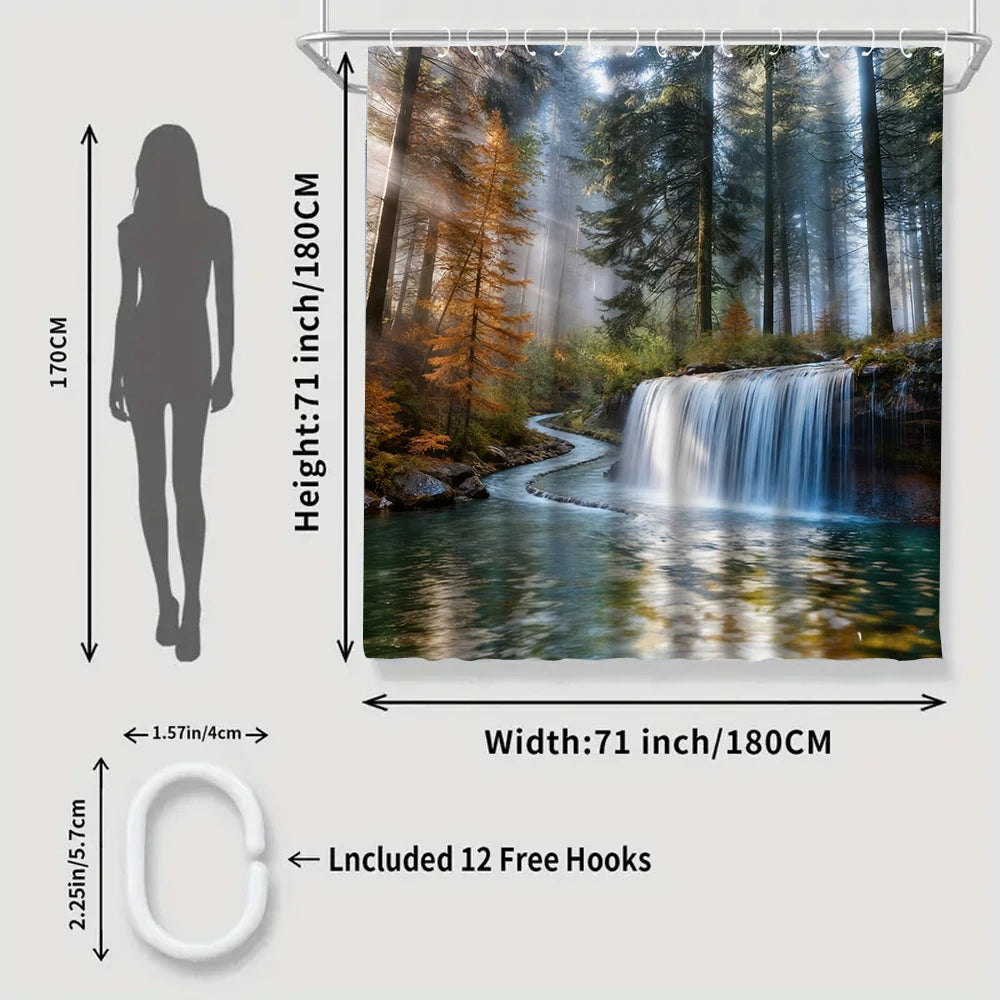 1/4 Forest Waterfalls  print shower Curtains, Toilet Seat Decoration, Shower Curtain with Carpet and Toilet Lid, 70.8x70.8 inch