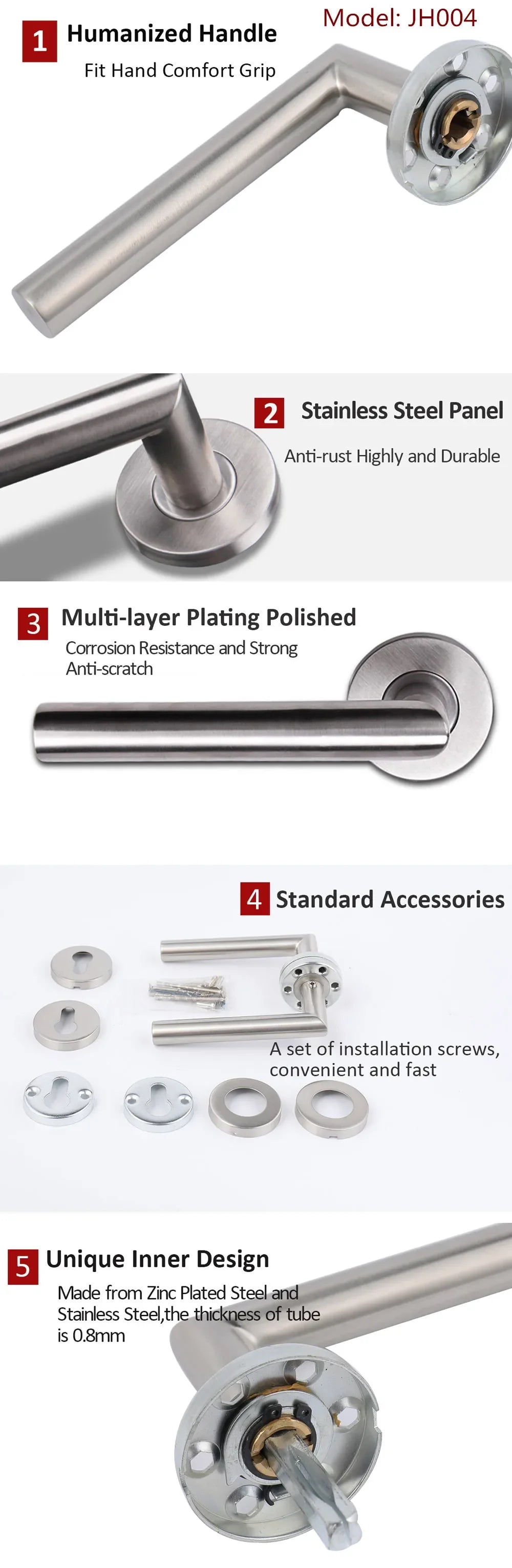 Door Handle Set Stainless Steel Interior Home Lever Handle Lock Durable Adjustable Latch Security Knob For Bedroom Bathroom