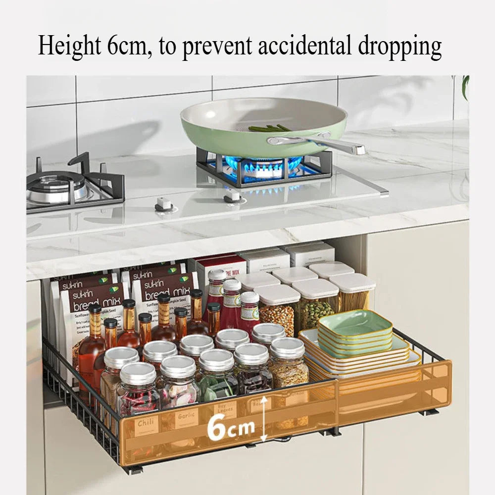 Drawer storage rack silk sliding pull-out cutlery spice bottle rack suitable for kitchens, bathrooms etc, optimizing more space
