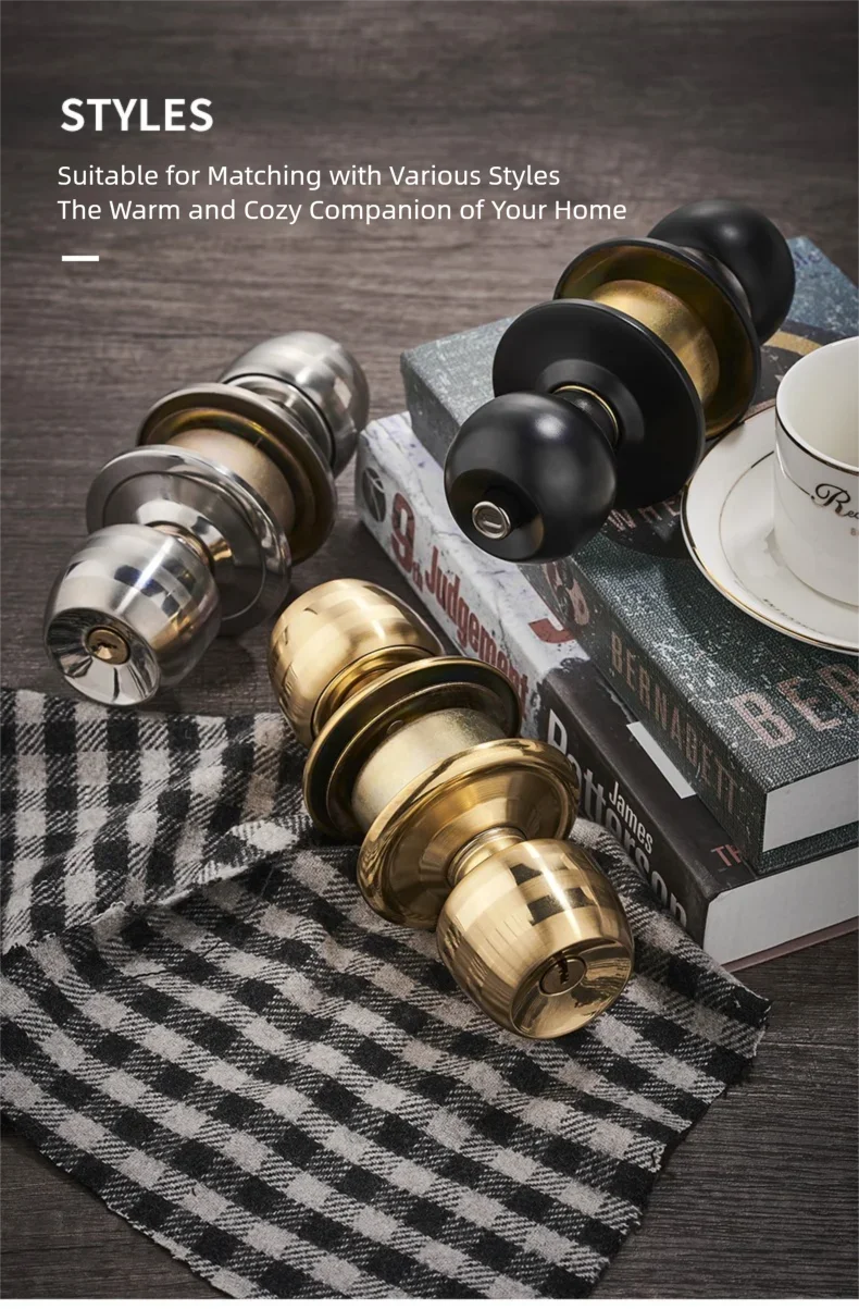 Interior Round Ball Door Knobs, Key Handles, Stainless Steel Locksets for Bathroom, Bedroom