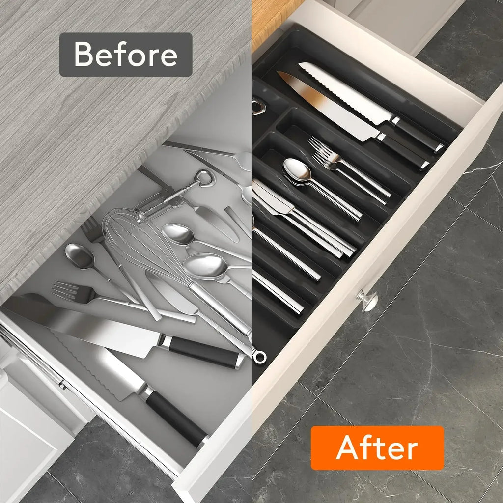 Adjustable Kitchen Storage Organizer Tray – Plastic Multifunctional Drawer Organizer for Kitchen Counter Utensils