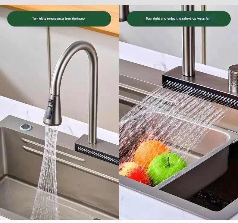 Waterfall Sink Pull Type Kitchen Faucet Hot Cold Mixer Vegetable Wash Tap Basin Multiple Water Outlets Rotation Flying Rain Tap