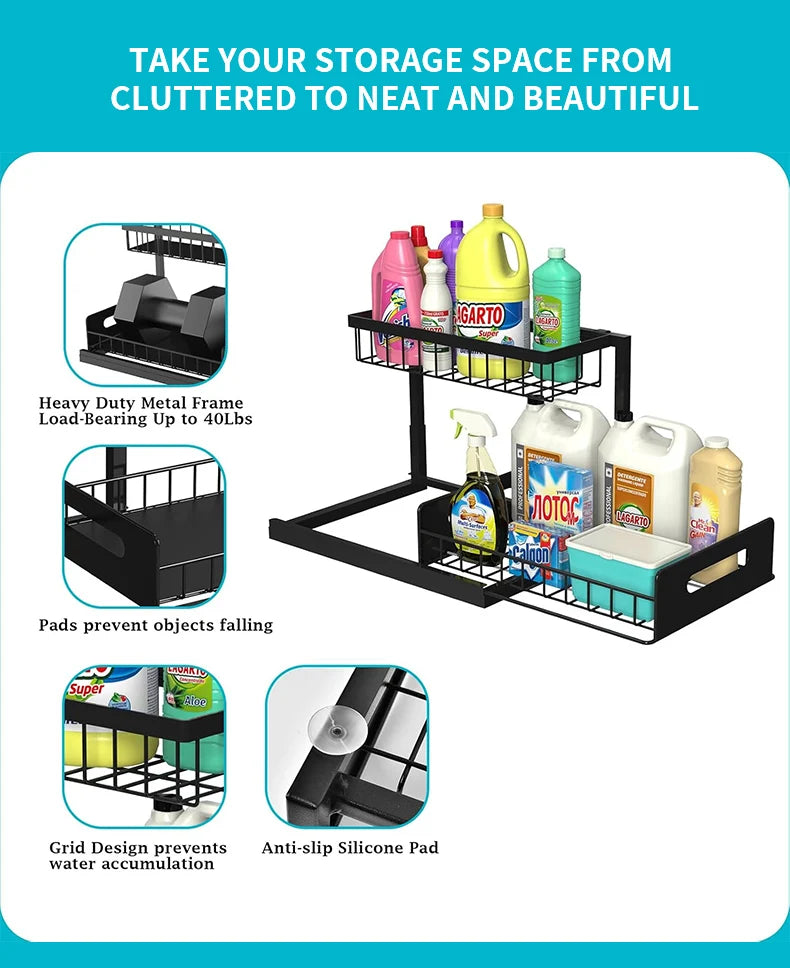 Under Sink 2 Tier Sliding Cabinet Basket Organizer Drawer Pull Out Cabinet Multi-Purpose Sink Organizer for Bathroom Kitchen
