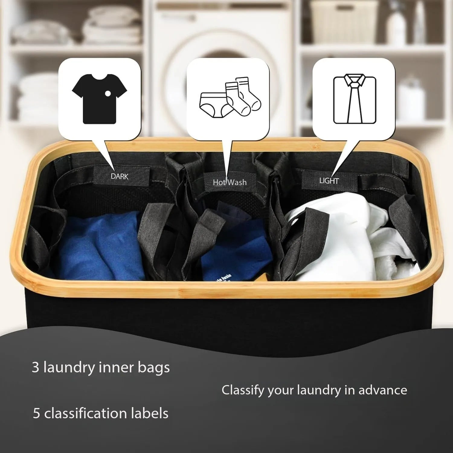 Dirty clothes basket bamboo basket bedroom with inner pocket with lid foldable  clothes storage basket with classification label