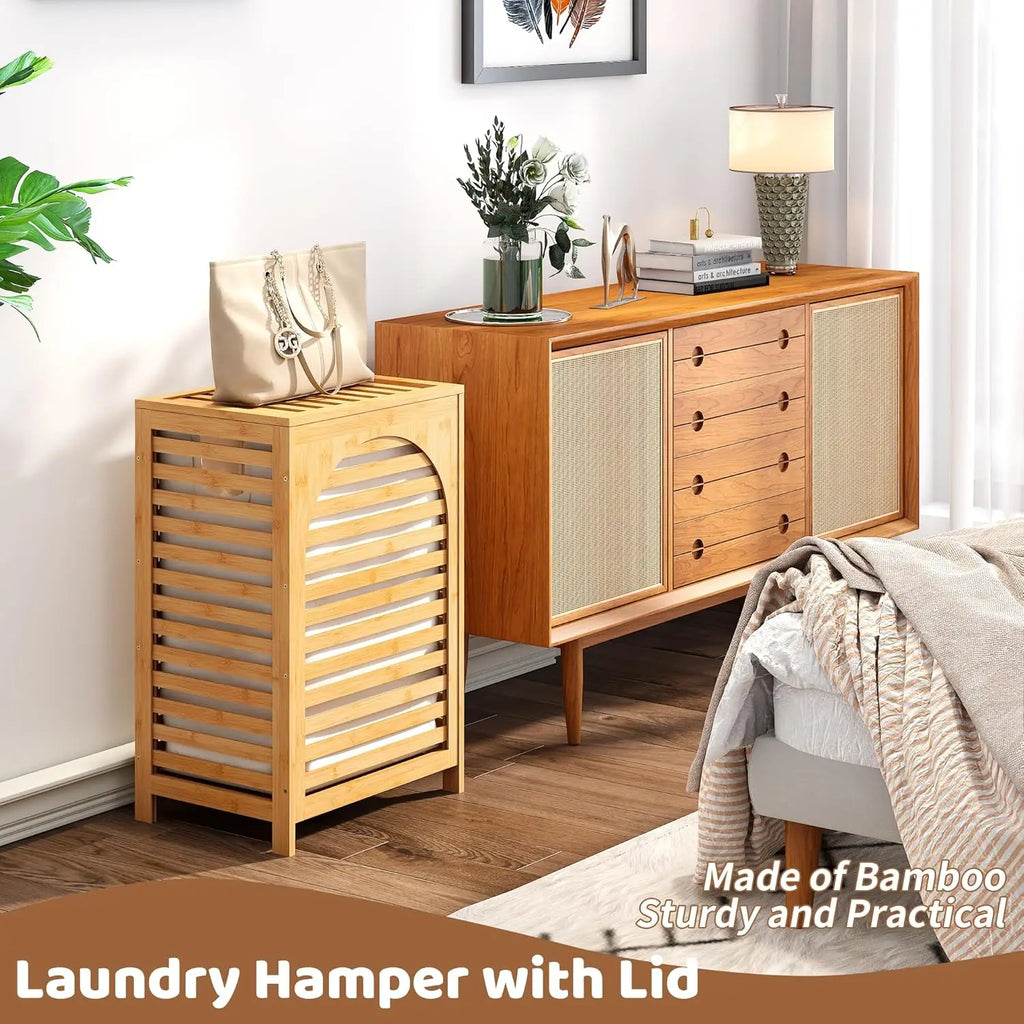 Large Bamboo Laundry Hamper with Lid 85L Clothes Basket Removable Bag Storage for Bathroom Natural