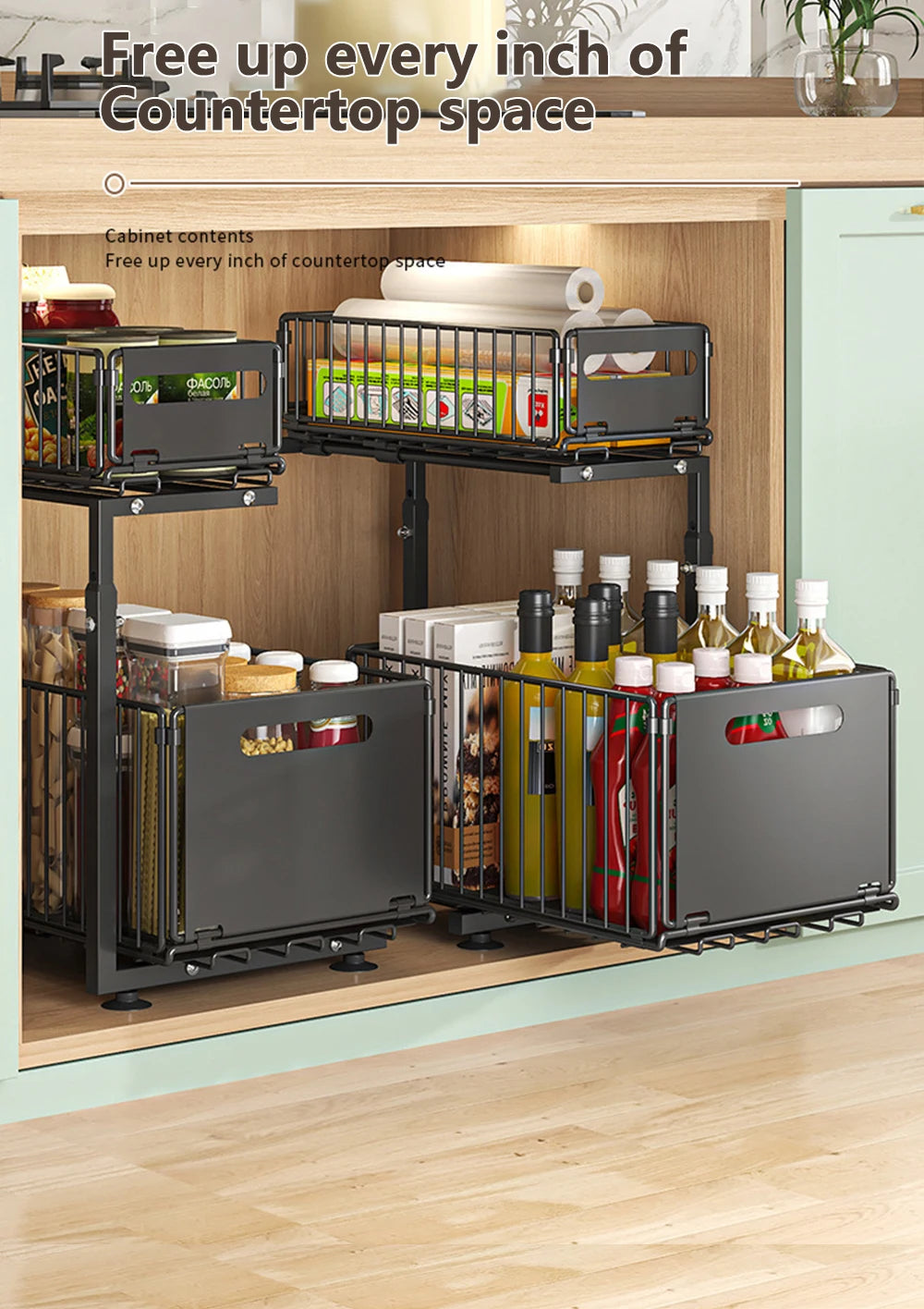 2 Tier Under Sink Organizer Adjustable Pull Out Cabinet Organizer Slide Out Kitchen Storage Racks Thickened Metal Sliding Drawer