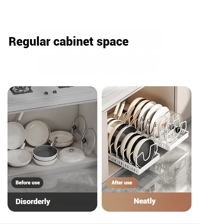 Pots and Pans Organizer Under Cabinet,Sliding Pot Lid Holder and Pan Rack Kitchen,Pull out Pot and Pan Organizer,Dishes Storage