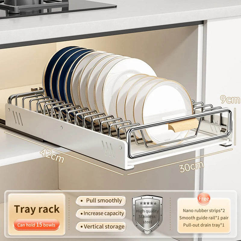 Drawer Wooden Handle Kitchen Dish Storage Rack Divider Dish Pullout Slider Punch-free Drawer Organiser Spice Racks Drainer Shelf
