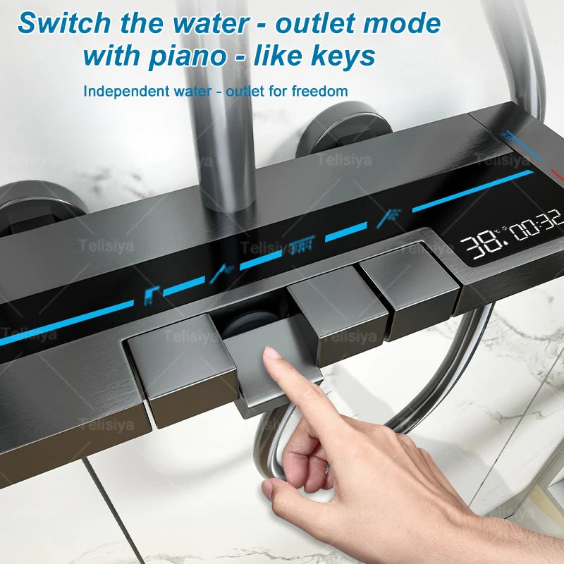 Bathroom Shower System Sets Piano Button Ambient Light Digital Display Pressurization Rain Faucets Shower Set