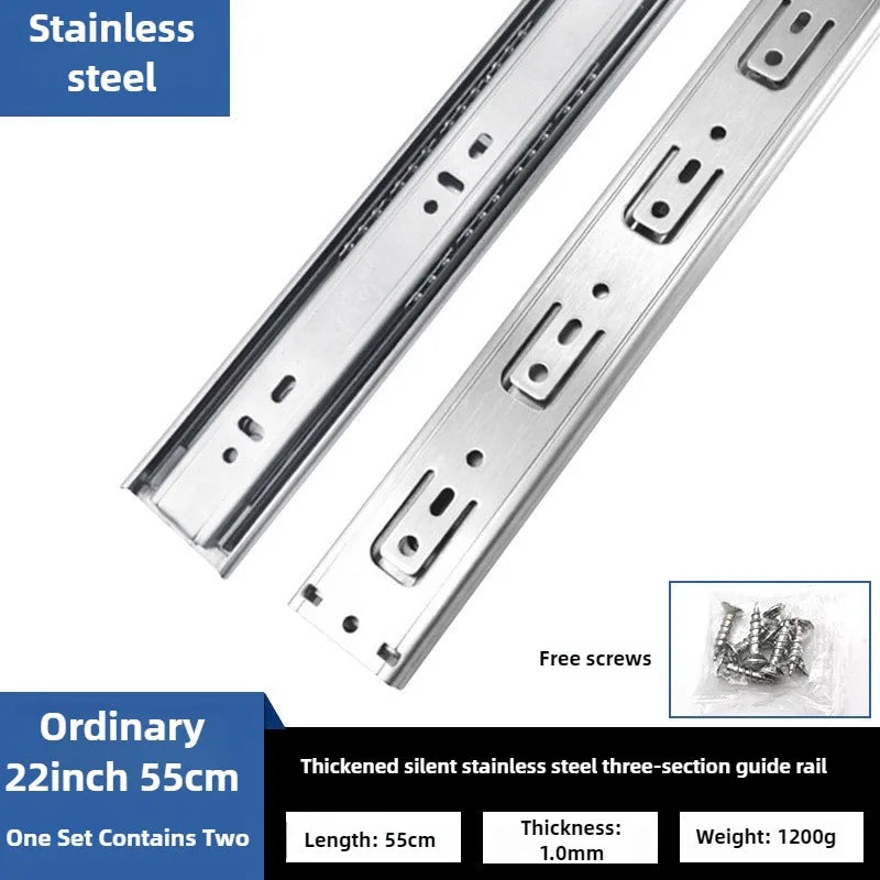 10" - 22"  45mm wide Stainless Steel Drawer Slides Soft Close Drawer Track Rail Sliding Three-Section Cabinet Furniture Hardware