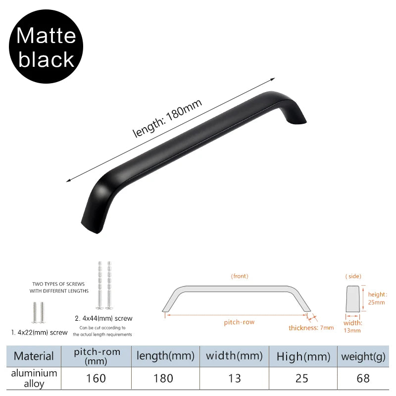 Modern Furniture Handles Black Wardrobe Door Pulls Silver Long Drawer Pulls Bathroom Cabinet Handle Aluminum Alloy Curved Handle