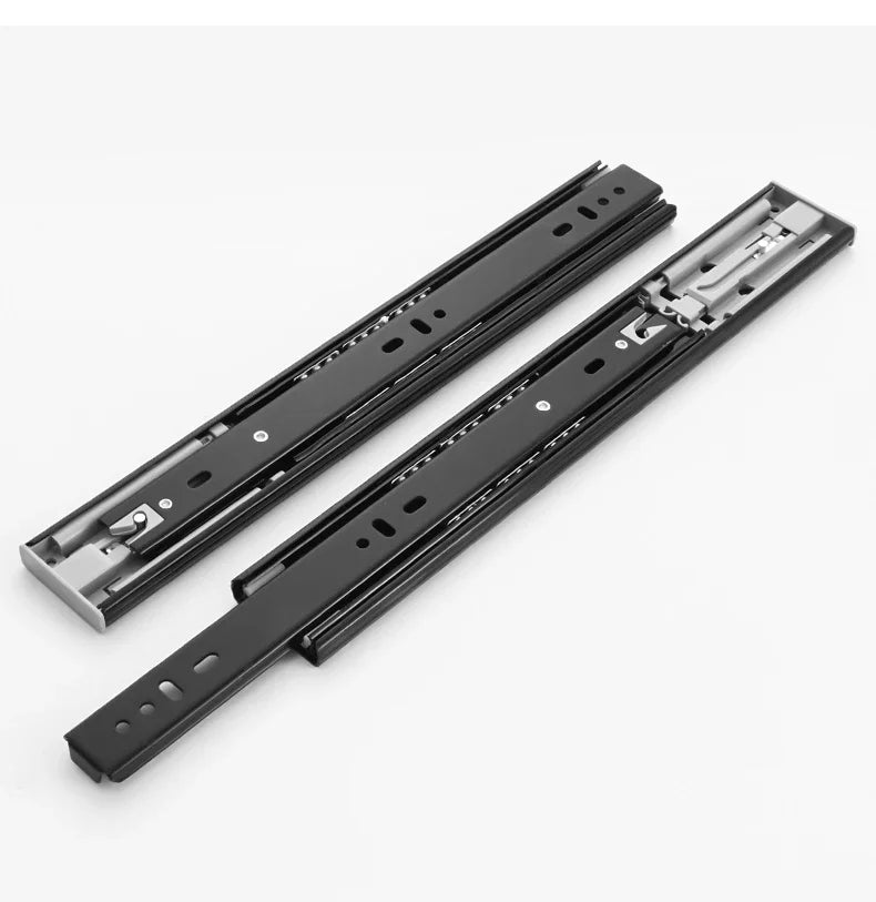 Heavy-Duty Soft-Close Drawer Slides - Automatic Three-Section Black Drawer Glide Tracks with Silent Rebound Mechanism