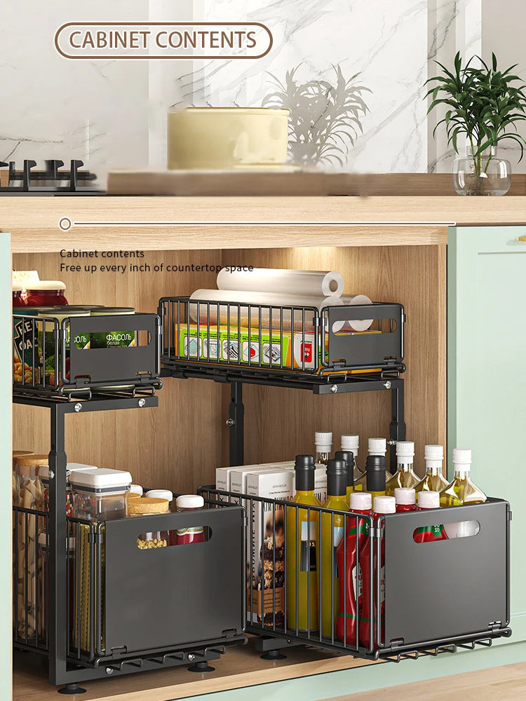 Pull-Out Under Sink Organizer, 2-Tier Adjustable Height Sliding Shelf for Kitchen/Bathroom Cabinet Storage, Black & White