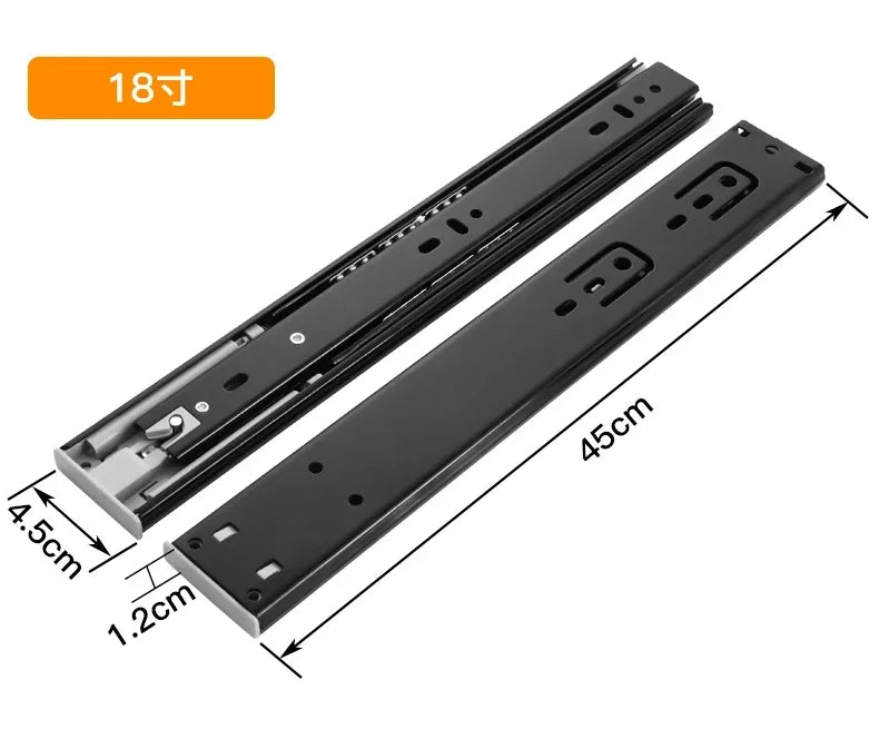 Heavy-Duty Soft-Close Drawer Slides - Automatic Three-Section Black Drawer Glide Tracks with Silent Rebound Mechanism