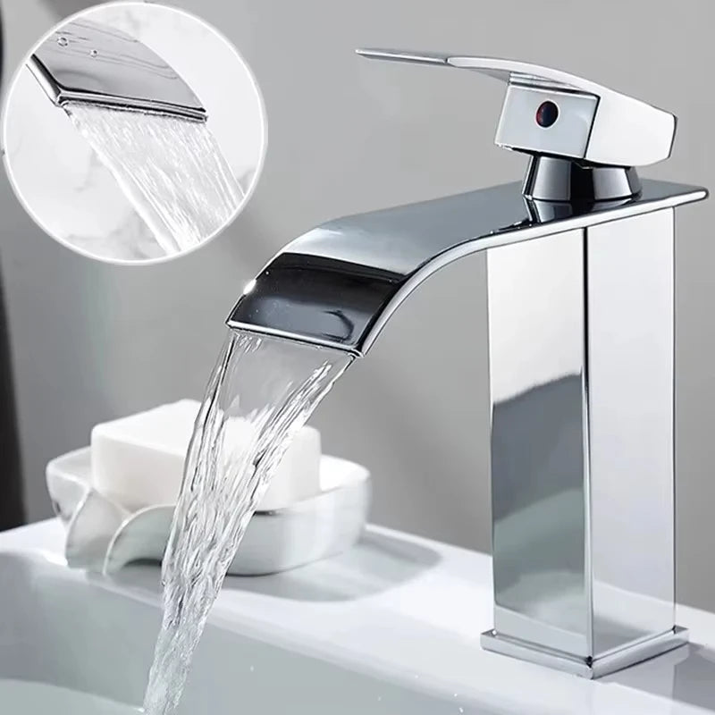 Bathroom Home Waterfall Wash Copper Core Waterfall Stainless Steel Basin Stainless SteelFaucet Black Hot &Cold Toilet Wash Basin