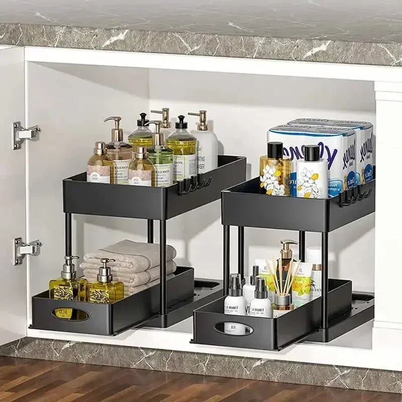 2 Tier Under Sink Organizer Sliding Cabinet  Organizer Storage Rack with Hooks Hanging Cup Bathroom Kitchen Organizer