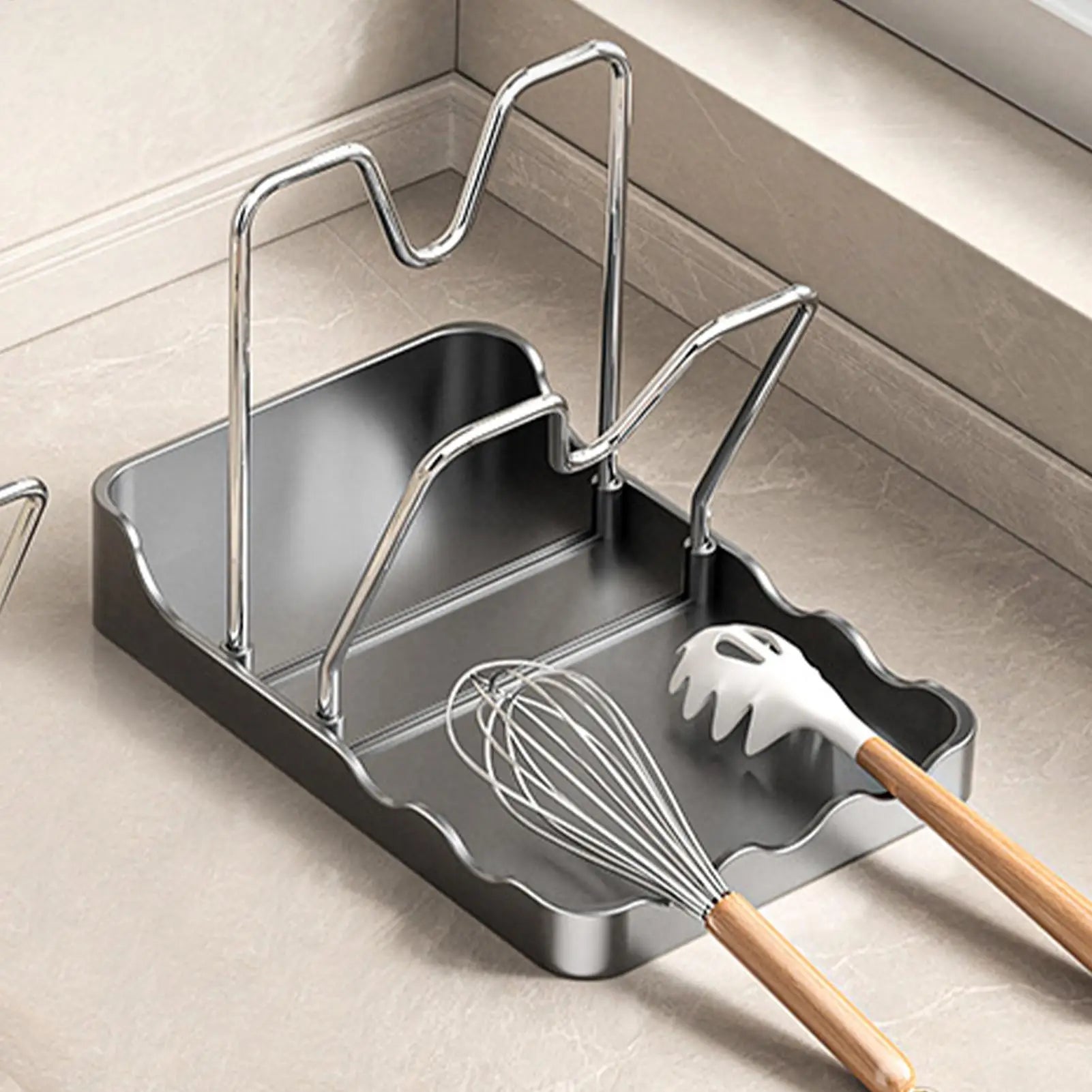Pot Lid Organizer Vertical Spoon Display Stand with Drip Tray Stainless Pot Lid Storage Rack for Kitchen Baking Cooking Pantry