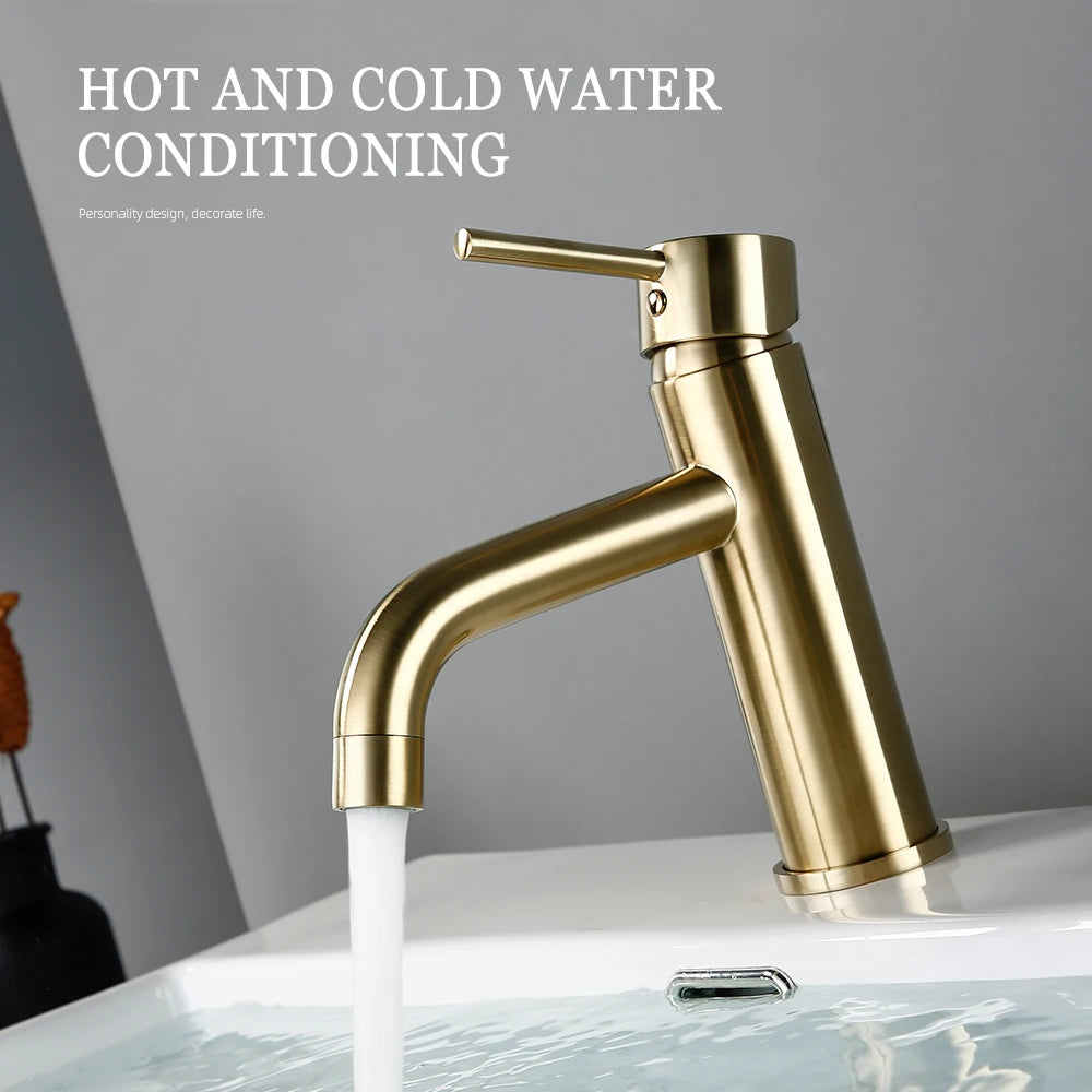 Brushed Gold Basin Faucet Solid Brass Hot And Cold Water Basin Mixer Sink Tap Deck Mounted Bathroom Taps