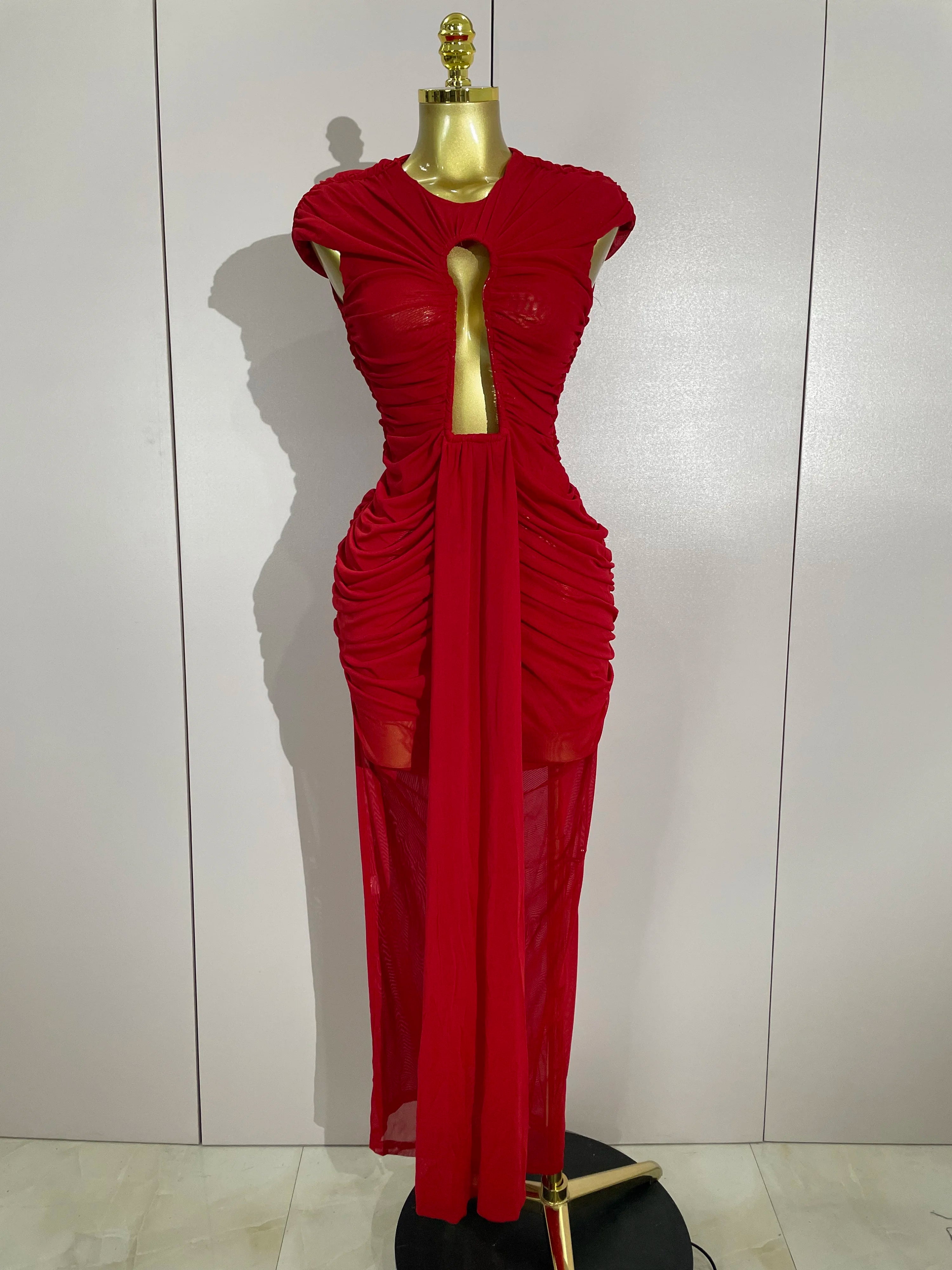 Women Sexy Sleeveless O-Neck Hollow Out Mesh Bodycon Long Dress Fashion Show Celebrate Celebrity Evening Birthday Party Dress