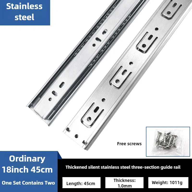 10" - 22"  45mm wide Stainless Steel Drawer Slides Soft Close Drawer Track Rail Sliding Three-Section Cabinet Furniture Hardware