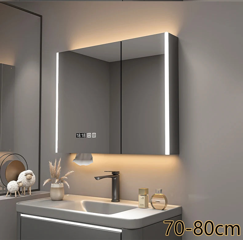 Bathroom Furniture Mirror Cabinet Modern Solid Wood Bathroom Smart with Light Defogging Beauty Mirror with Storage Locker