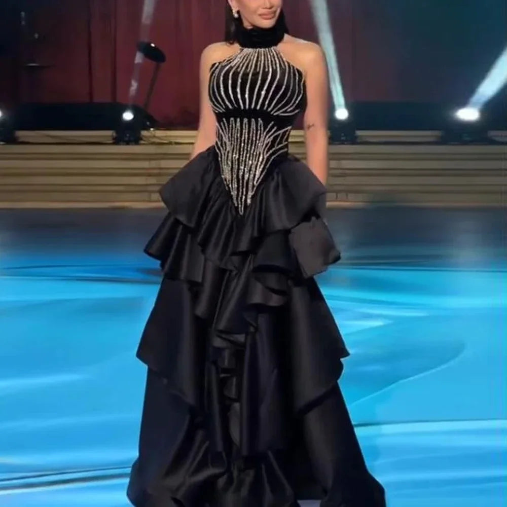 Black Luxury Evening Dress Halter Beading Embellished Ruffles A Line Tiered Formal Party Dress Vestidos De Gala 2026 Customized