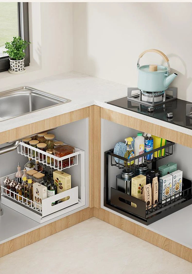 Under Sink 2 Tier Sliding Cabinet Basket Organizer Drawer Pull Out Cabinet Multi-Purpose Sink Organizer for Bathroom Kitchen