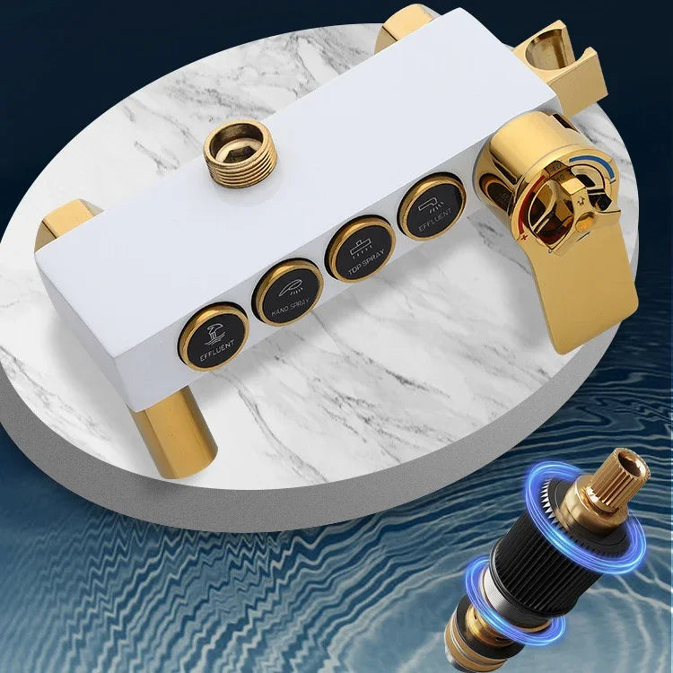 Thermostatic Bathroom Shower Set White Gold Bathroom Faucet Accessories 12 Inch Rain Shower Head Hot Cold Bathroom Shower System