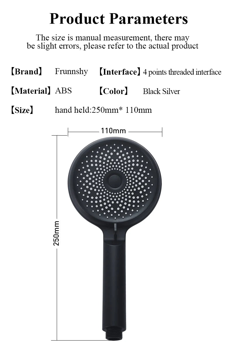 Shower Head 3 Mode Rainfall ABS Round High Pressure Turbo Spray Nozzle Adjustable Black Eco Shower Bathroom Accessories FR102