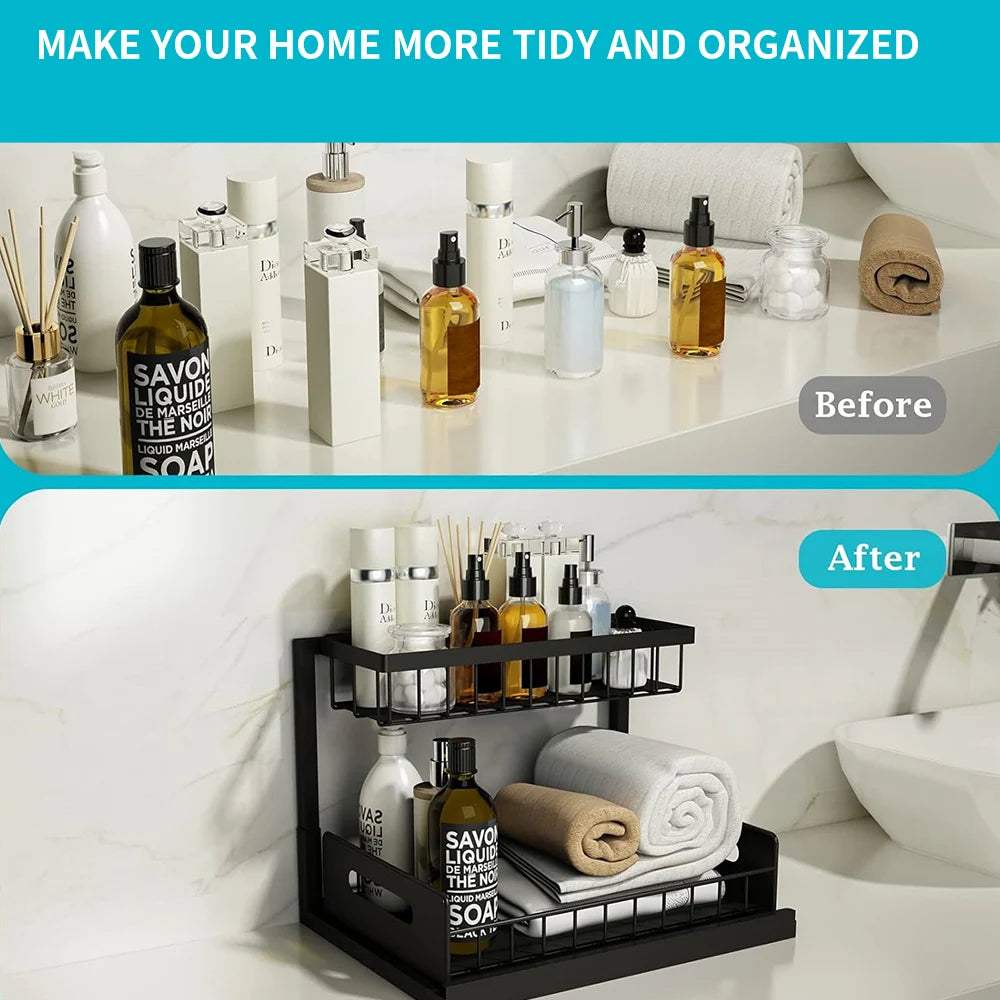 Under Sink 2 Tier Sliding Cabinet Basket Organizer Drawer Pull Out Cabinet Multi-Purpose Sink Organizer for Bathroom Kitchen