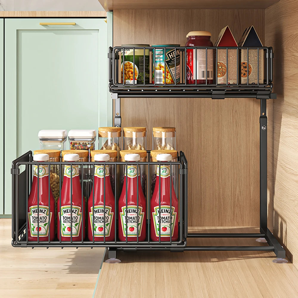 2-Tier Pull Out Cabinet Organizer Drawer Height Adjustable Kitchen Rack for Cabinet Under Sink Organizer Spice Jar Storage Shelf