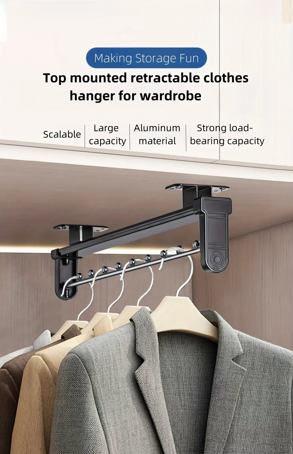 1pc retractable wardrobe hanging rod, drawer style storage rod, adjustable folding metal hanging rail, saving space