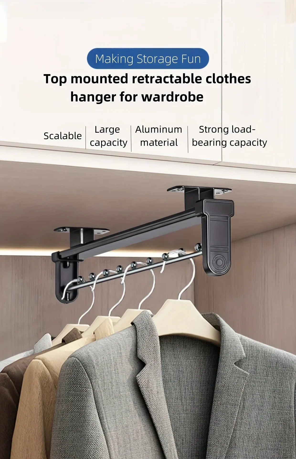 1pc retractable wardrobe hanging rod, drawer style storage rod, adjustable folding metal hanging rail, saving space