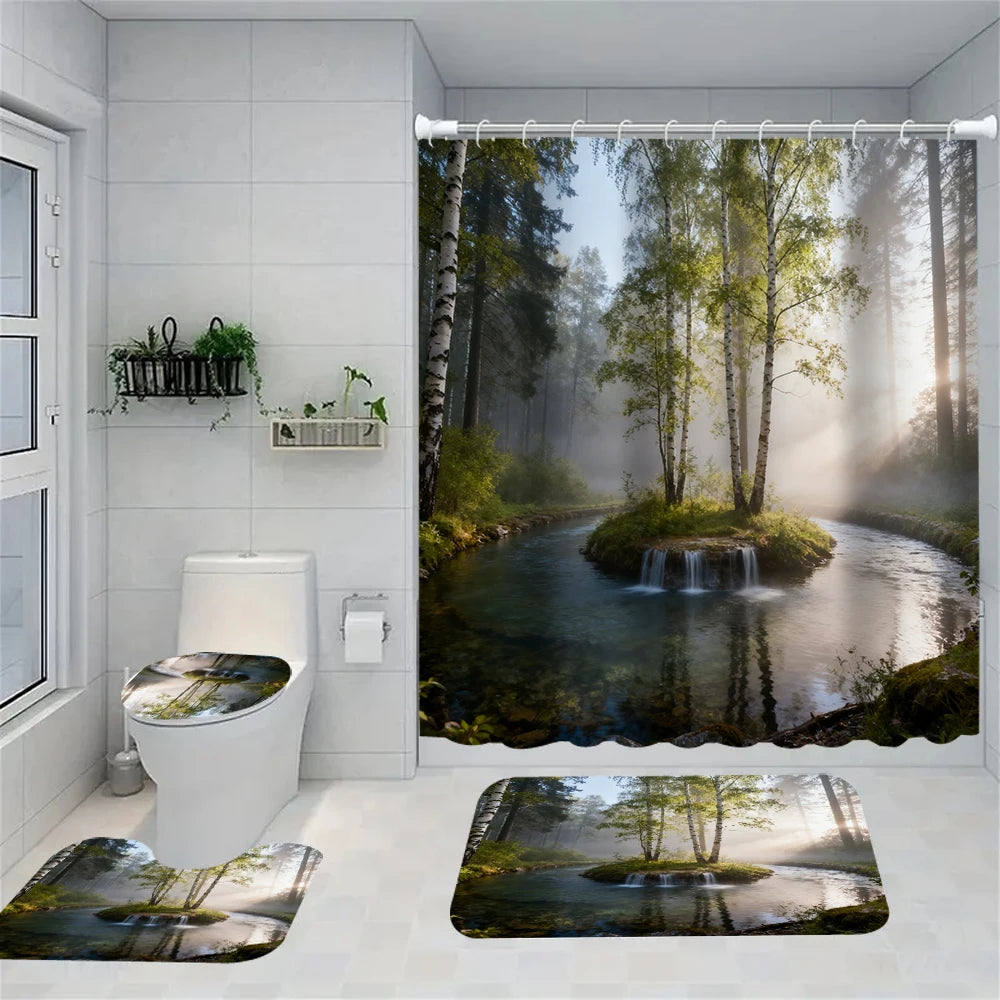 1/4 Forest Waterfalls  print shower Curtains, Toilet Seat Decoration, Shower Curtain with Carpet and Toilet Lid, 70.8x70.8 inch