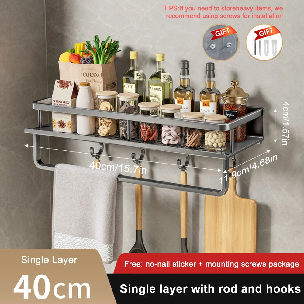 1/2Pcs No Punch Spice Rack Wall Mounted Kitchen Spice Organizer with Hook Rod Seasoning Rack Spice Shelf Bathroom Kitchen Shelf